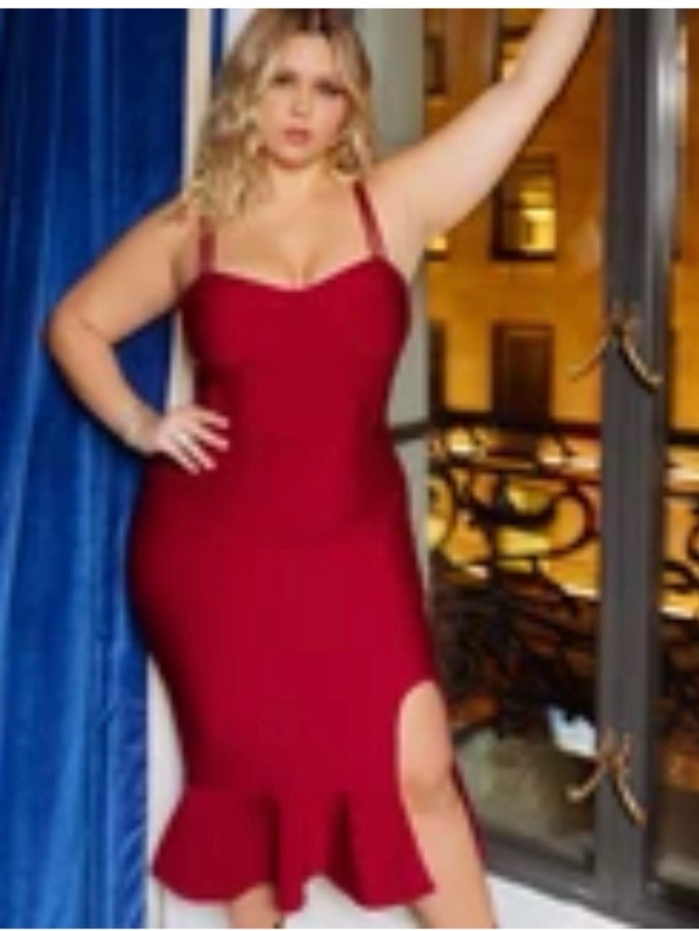 Rebdolls Red Plus Size Bodycon Midi Bandage Dress with Ruffle Hem
